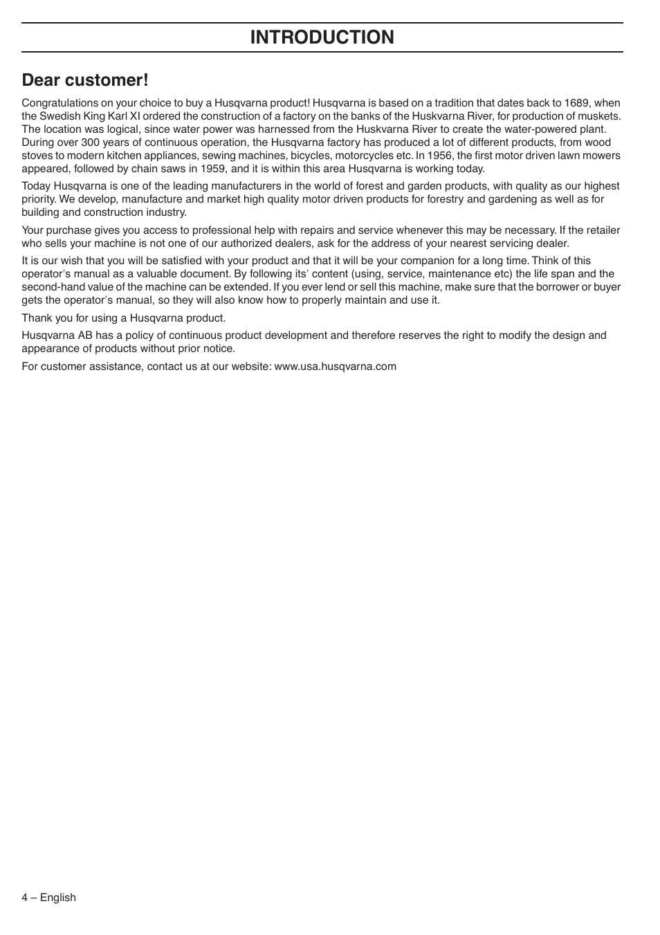 Dear customer, Intr oduction | Husqvarna 335LX-SERIES 335LS User Manual | Page 4 / 36