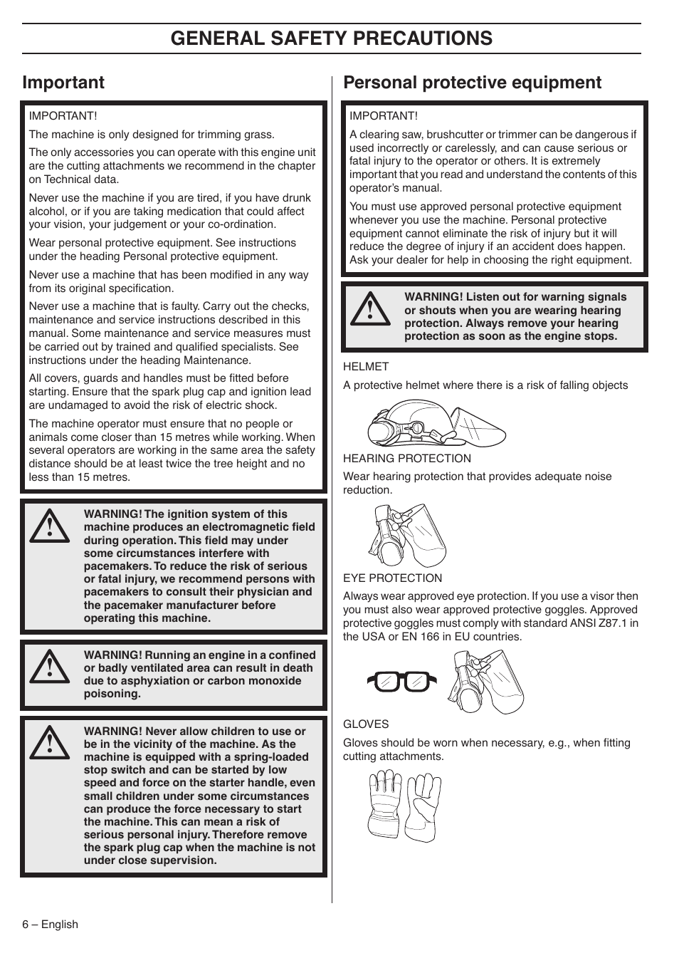 Important, Personal protective equipment, General safety preca utions | Impor tant personal protective equipment | Husqvarna 335LX-SERIES 335LS User Manual | Page 6 / 36
