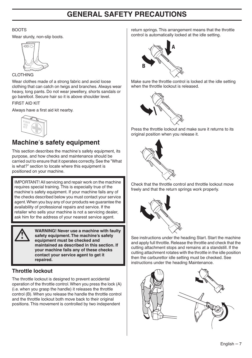Machine¢s safety equipment, Throttle lockout, General safety preca utions | Mac hine ′ s safety equipment | Husqvarna 335LX-SERIES 335LS User Manual | Page 7 / 36