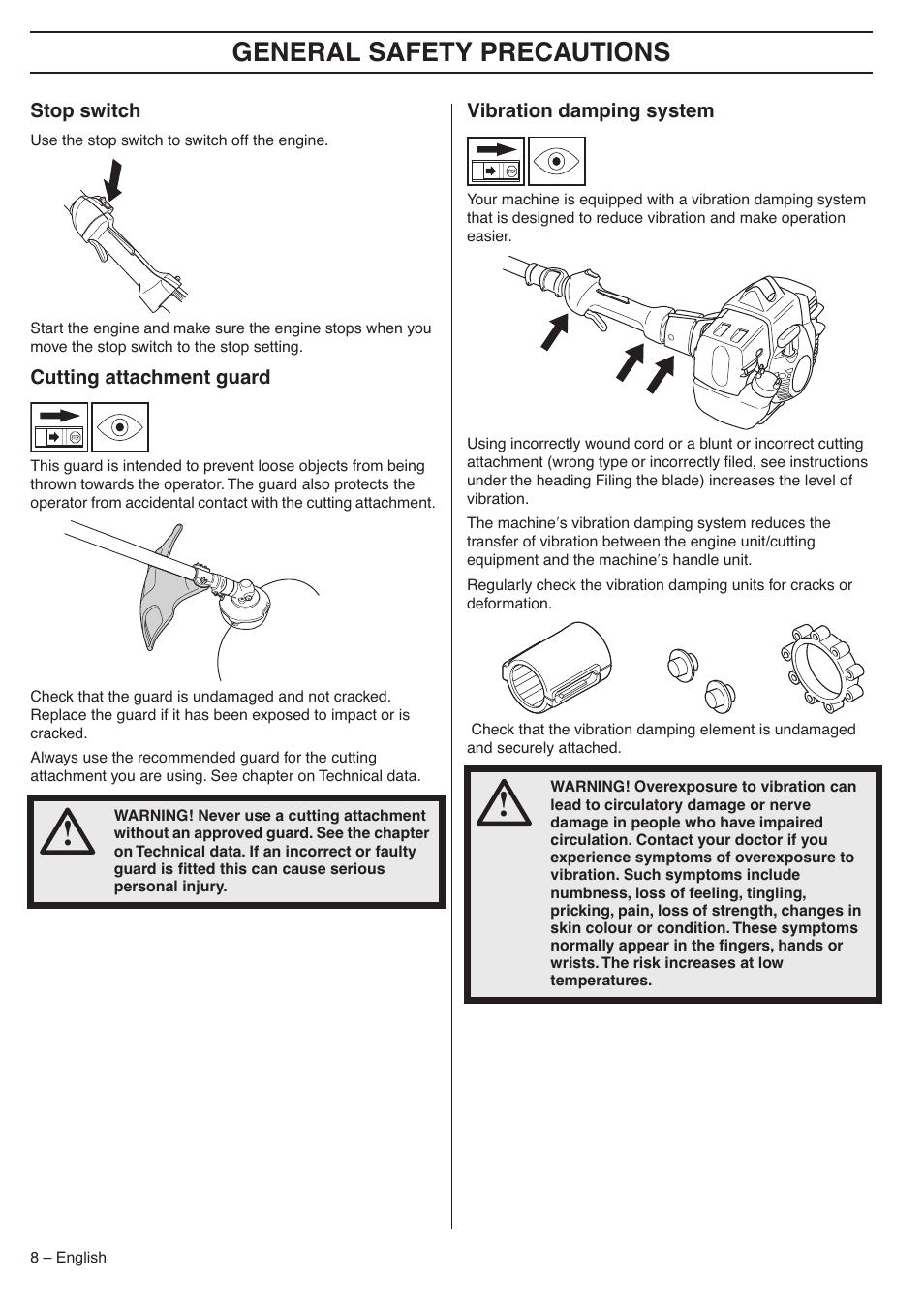Stop switch, Cutting attachment guard, Vibration damping system | General safety preca utions | Husqvarna 335LX-SERIES 335LS User Manual | Page 8 / 36