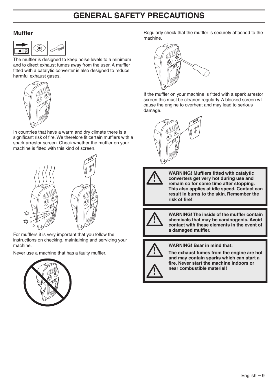 Muffler, General safety precautions | Husqvarna 335LX-SERIES 335LS User Manual | Page 9 / 36
