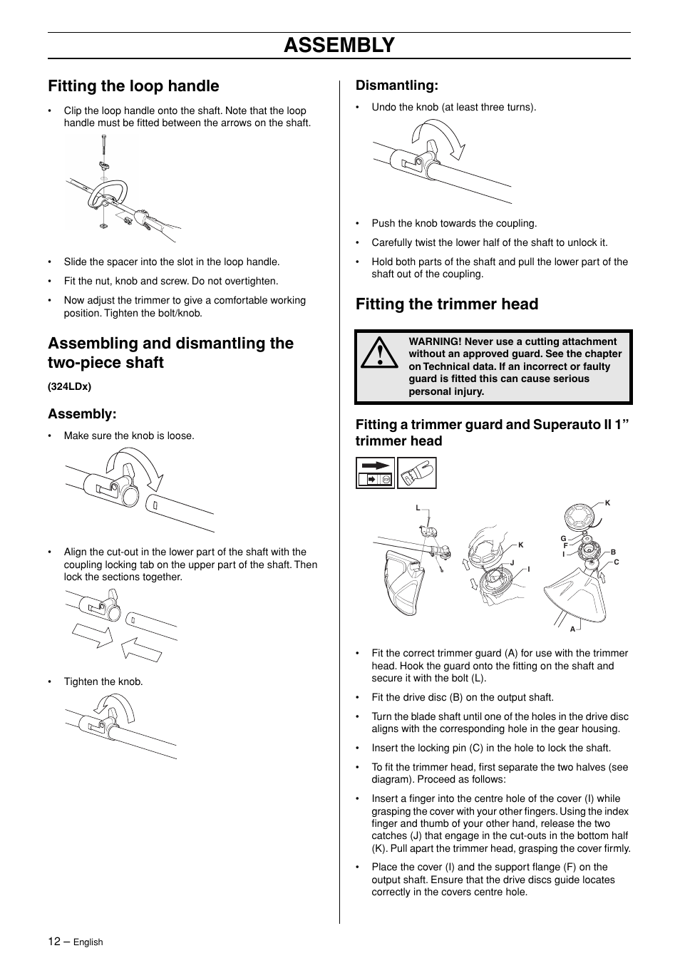 Fitting the loop handle, Assembling and dismantling the two-piece shaft, Assembly | Dismantling, Fitting the trimmer head | Husqvarna 324LX User Manual | Page 12 / 28