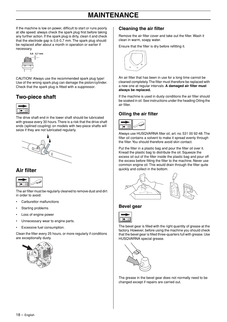 Two-piece shaft, Air filter, Cleaning the air filter | Oiling the air filter, Bevel gear, Maintenance | Husqvarna 324LX User Manual | Page 18 / 28