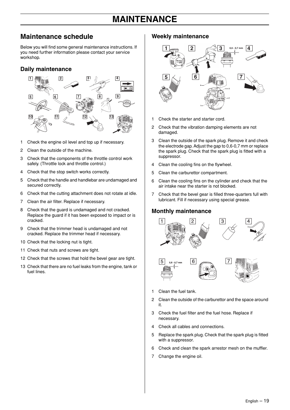 Maintenance schedule, Daily maintenance, Weekly maintenance | Monthly maintenance, Maintenance | Husqvarna 324LX User Manual | Page 19 / 28