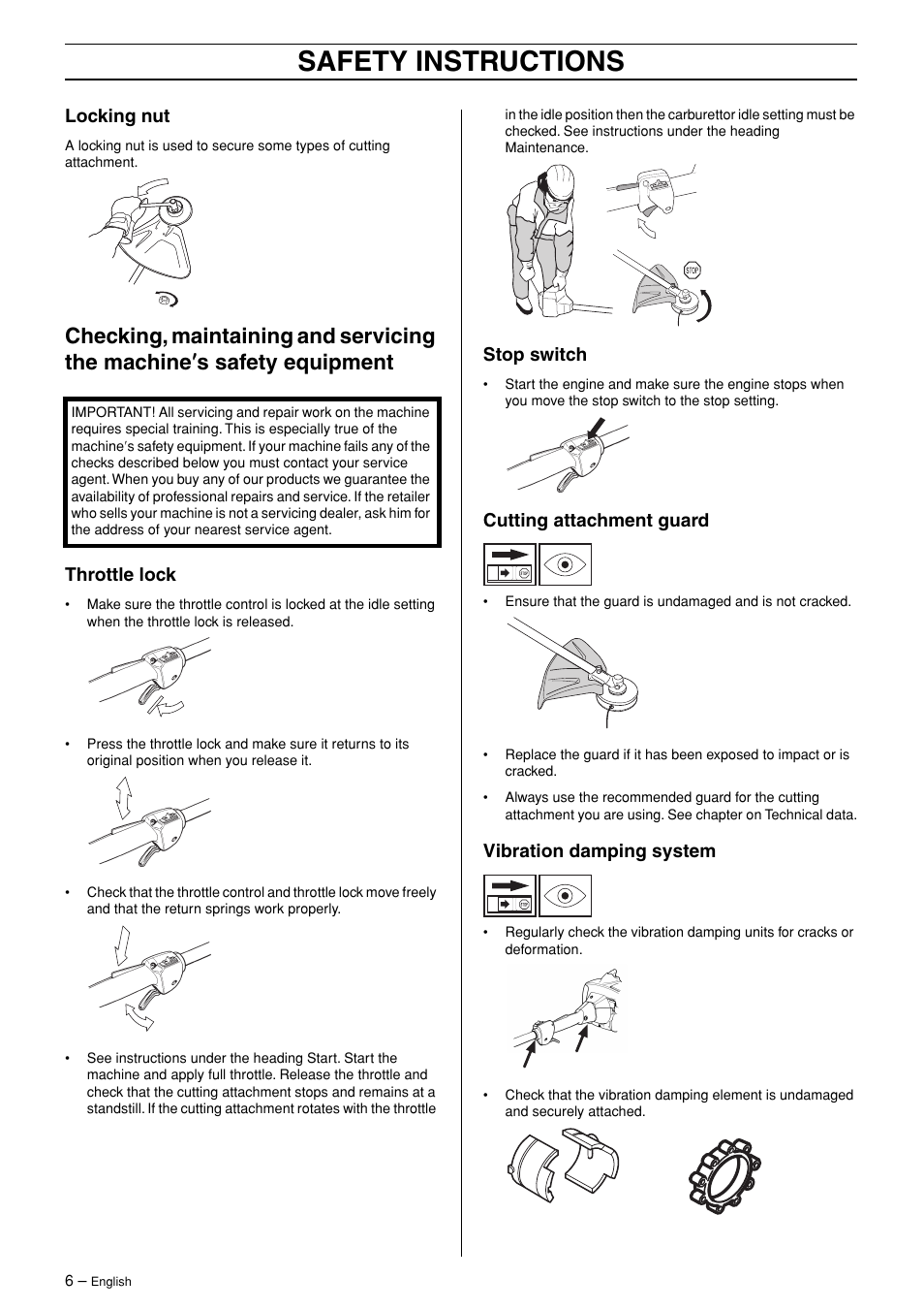 Locking nut, Throttle lock, Stop switch | Cutting attachment guard, Vibration damping system, Safety instructions | Husqvarna 324LX User Manual | Page 6 / 28