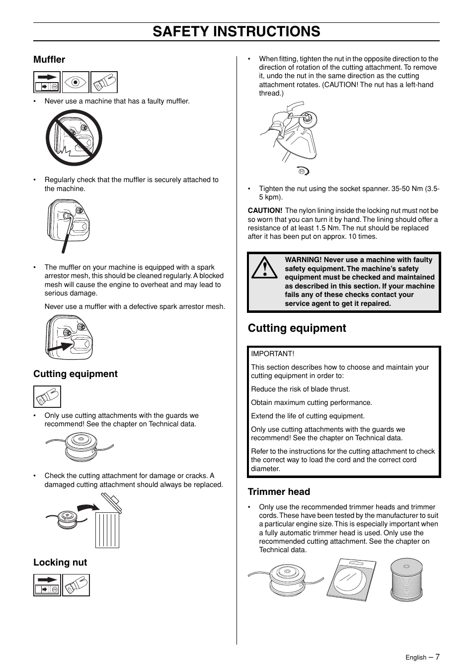 Muffler, Cutting equipment, Locking nut | Trimmer head, Safety instructions | Husqvarna 324LX User Manual | Page 7 / 28