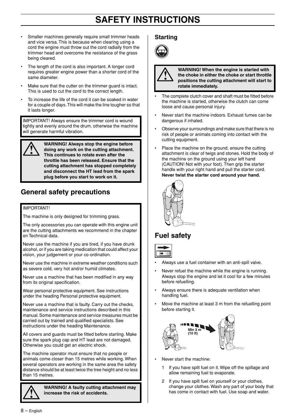 General safety precautions, Starting, Fuel safety | Safety instructions | Husqvarna 324LX User Manual | Page 8 / 28