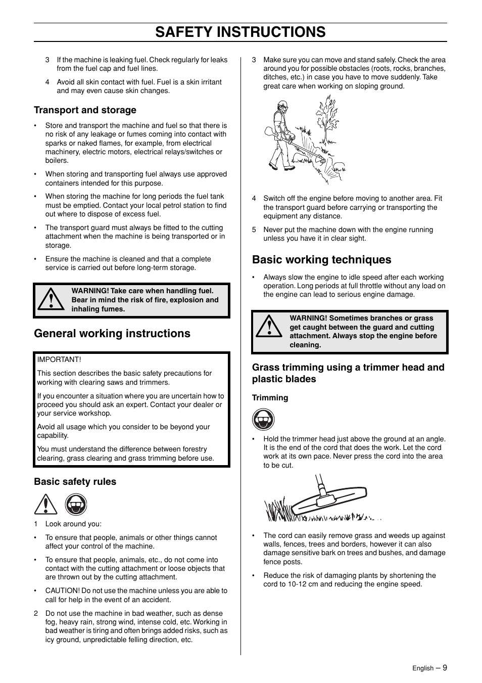 Transport and storage, General working instructions, Basic safety rules | Basic working techniques, Safety instructions | Husqvarna 324LX User Manual | Page 9 / 28