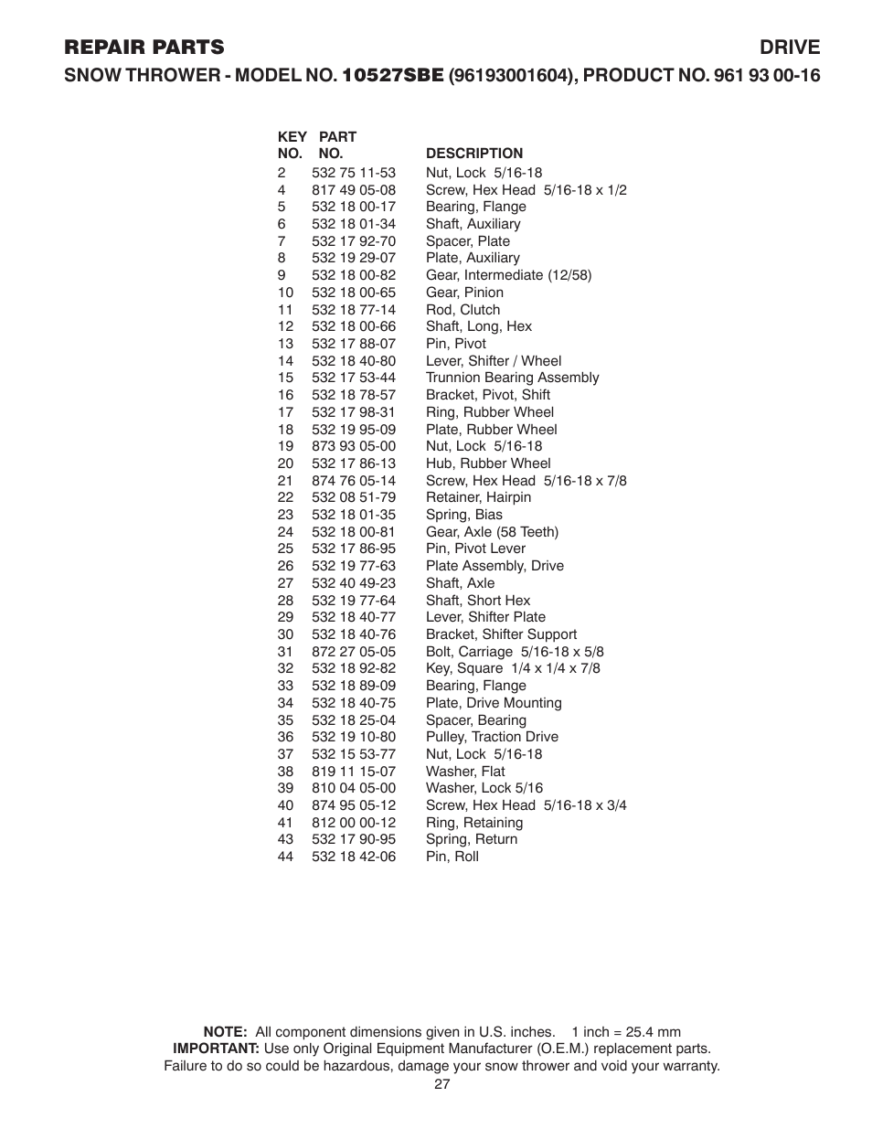 Repair parts drive | Husqvarna 10527SBE User Manual | Page 27 / 32