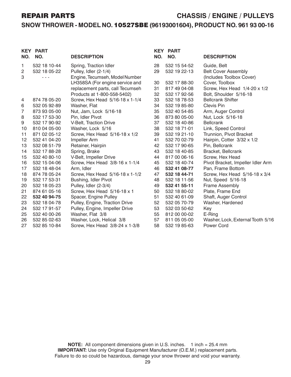 Repair parts chassis / engine / pulleys | Husqvarna 10527SBE User Manual | Page 29 / 32