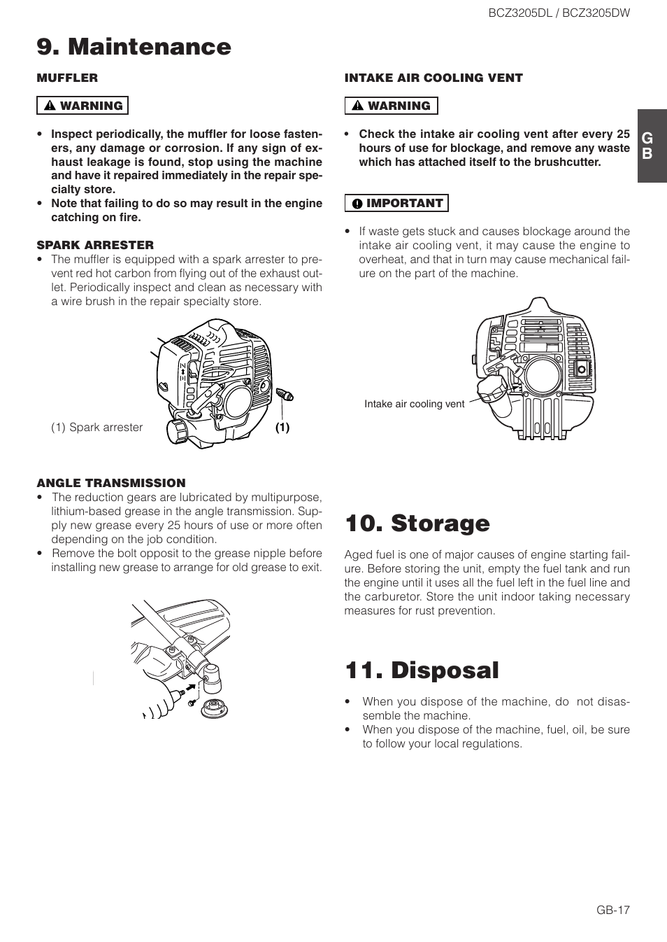 Storage, Maintenance 11. disposal | Husqvarna BCZ3205DL User Manual | Page 17 / 18
