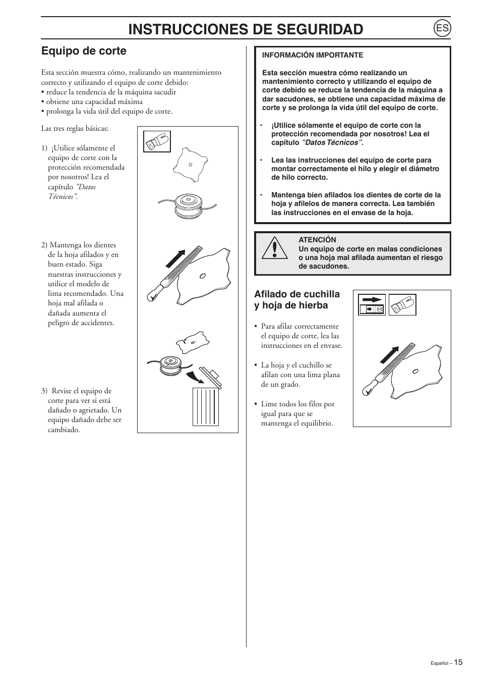 Spanish, Instrucciones de seguridad, Equipo de corte | Husqvarna 223L User Manual | Page 15 / 20