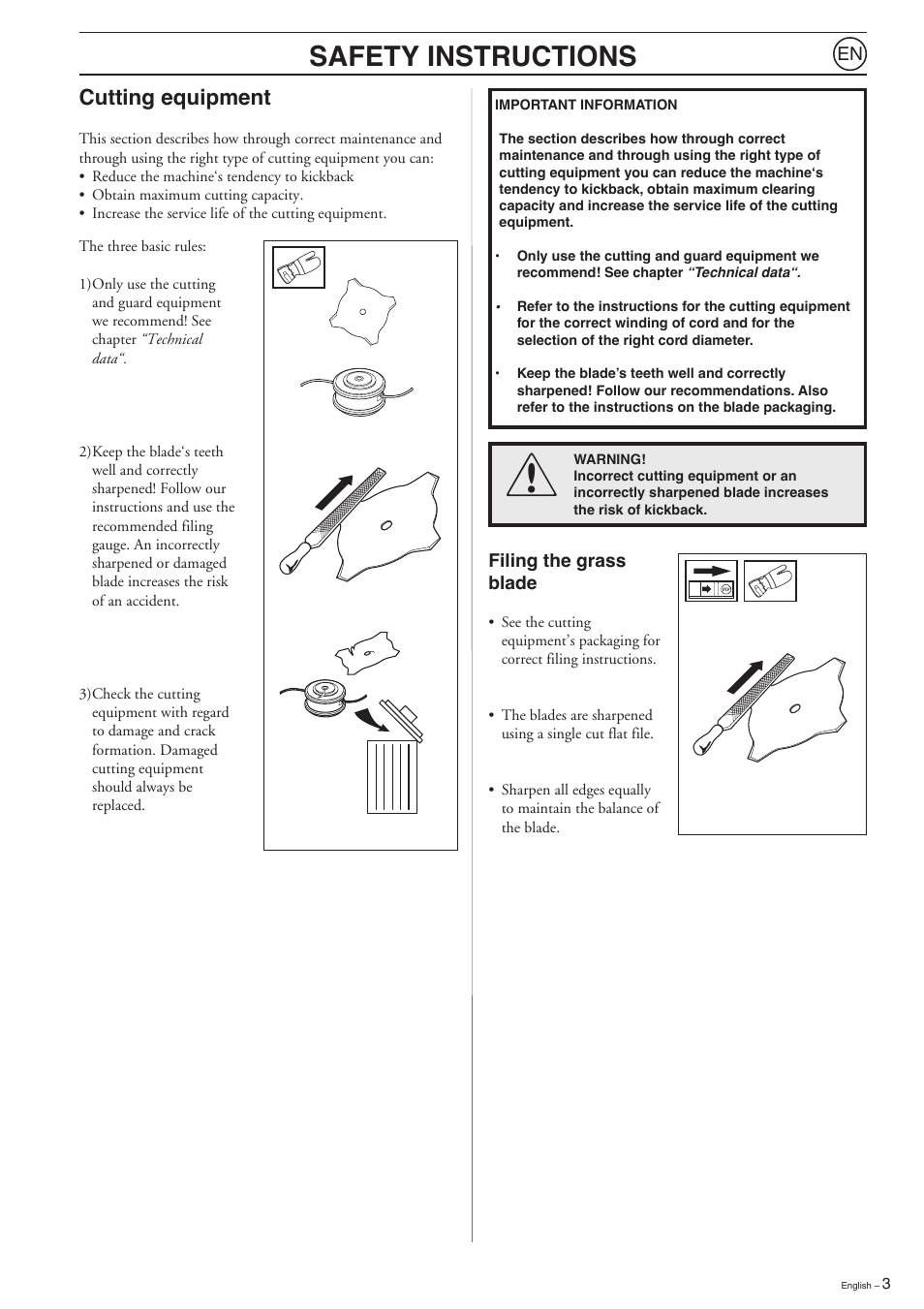 Safety instructions, Cutting equipment | Husqvarna 223L User Manual | Page 3 / 20
