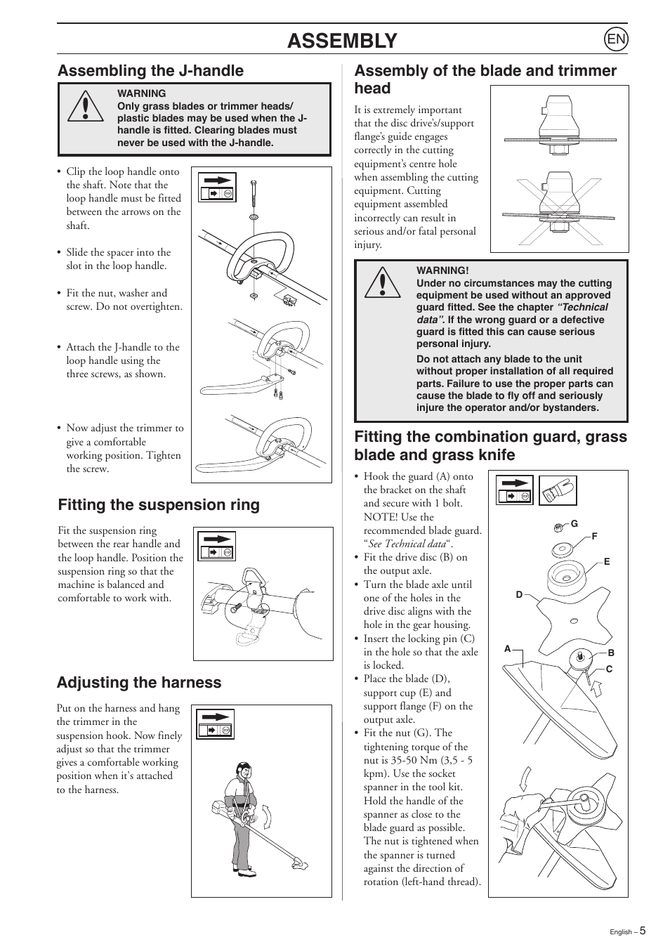 En assembly, Assembly, Assembling the j-handle | Assembly of the blade and trimmer head, Fitting the suspension ring, Adjusting the harness | Husqvarna 223L User Manual | Page 5 / 20