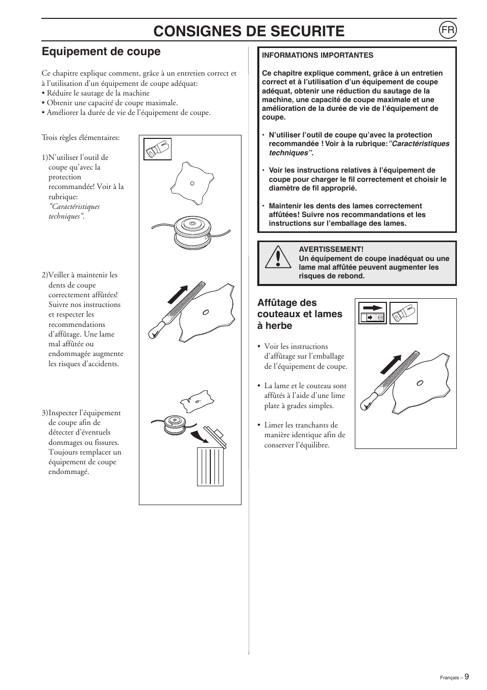 Consignes de securite, Equipement de coupe | Husqvarna 223L User Manual | Page 9 / 20