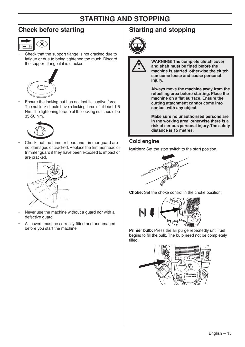 Check before starting, Starting and stopping, Cold engine | Husqvarna 1153286-26 User Manual | Page 15 / 36