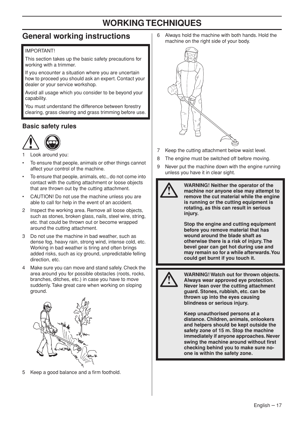 General working instructions, Basic safety rules, Working techniques | Husqvarna 1153286-26 User Manual | Page 17 / 36