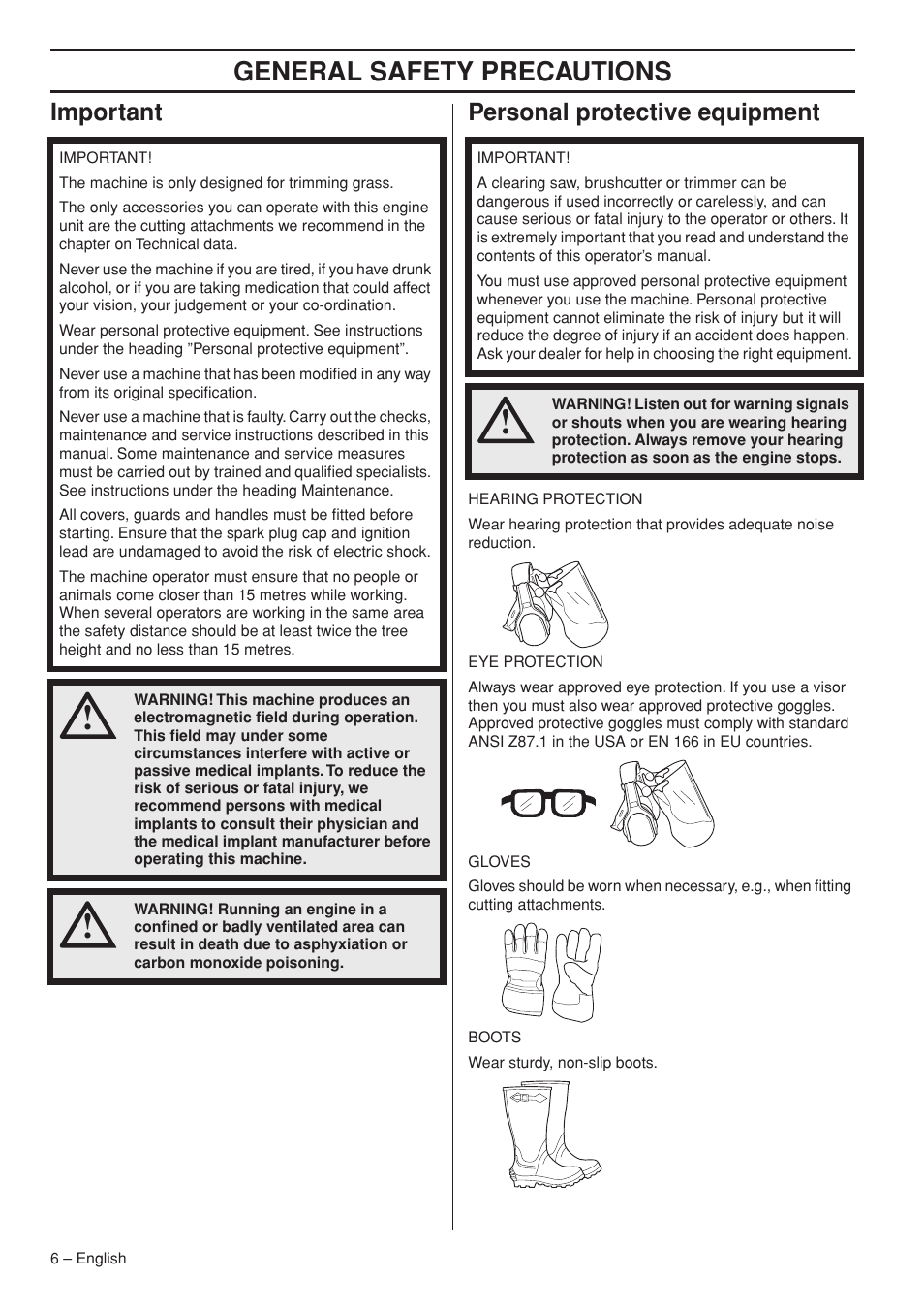 Important, Personal protective equipment, General safety preca utions | Impor tant personal protective equipment | Husqvarna 1153286-26 User Manual | Page 6 / 36