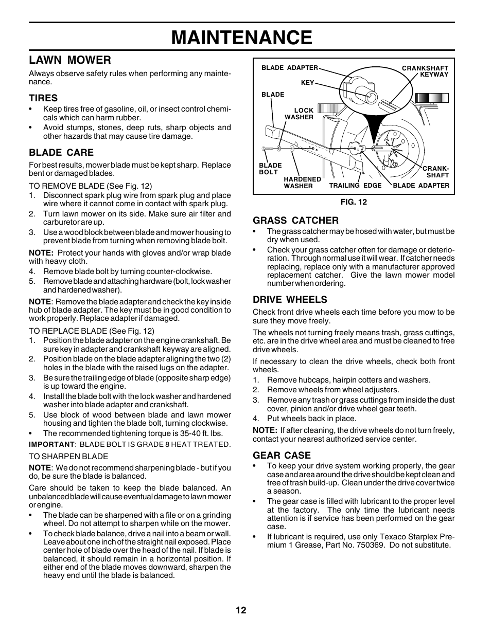 Maintenance, Lawn mower | Husqvarna 6522CH User Manual | Page 12 / 20