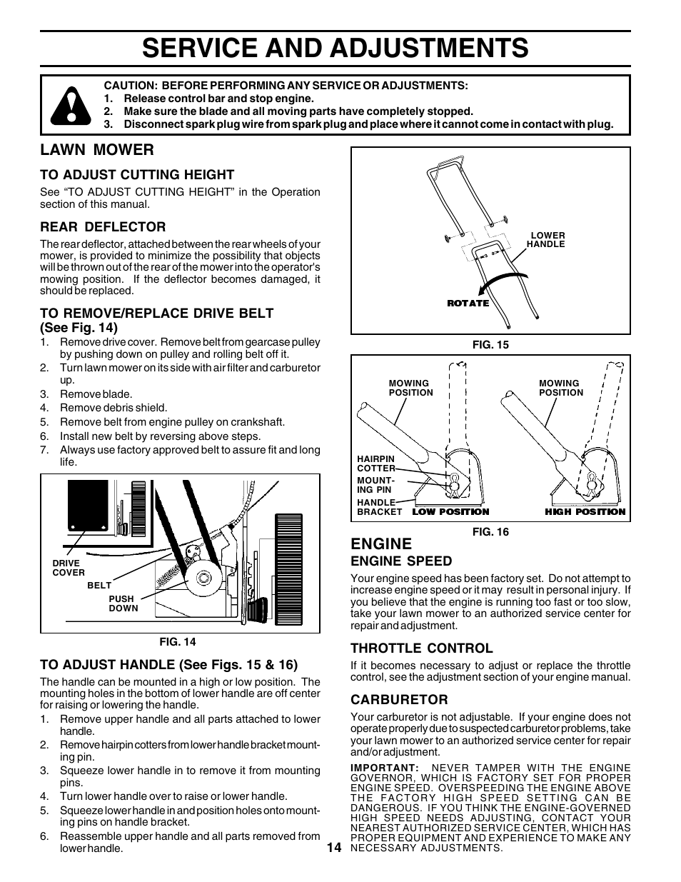 Service/ adjustments, Service and adjustments, Engine | Lawn mower | Husqvarna 6522CH User Manual | Page 14 / 20