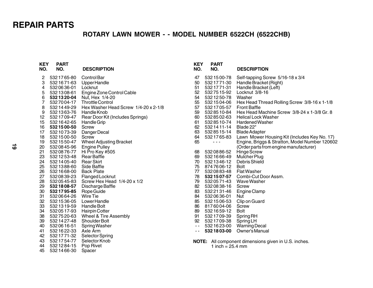 Parts list, Repair parts | Husqvarna 6522CH User Manual | Page 19 / 20