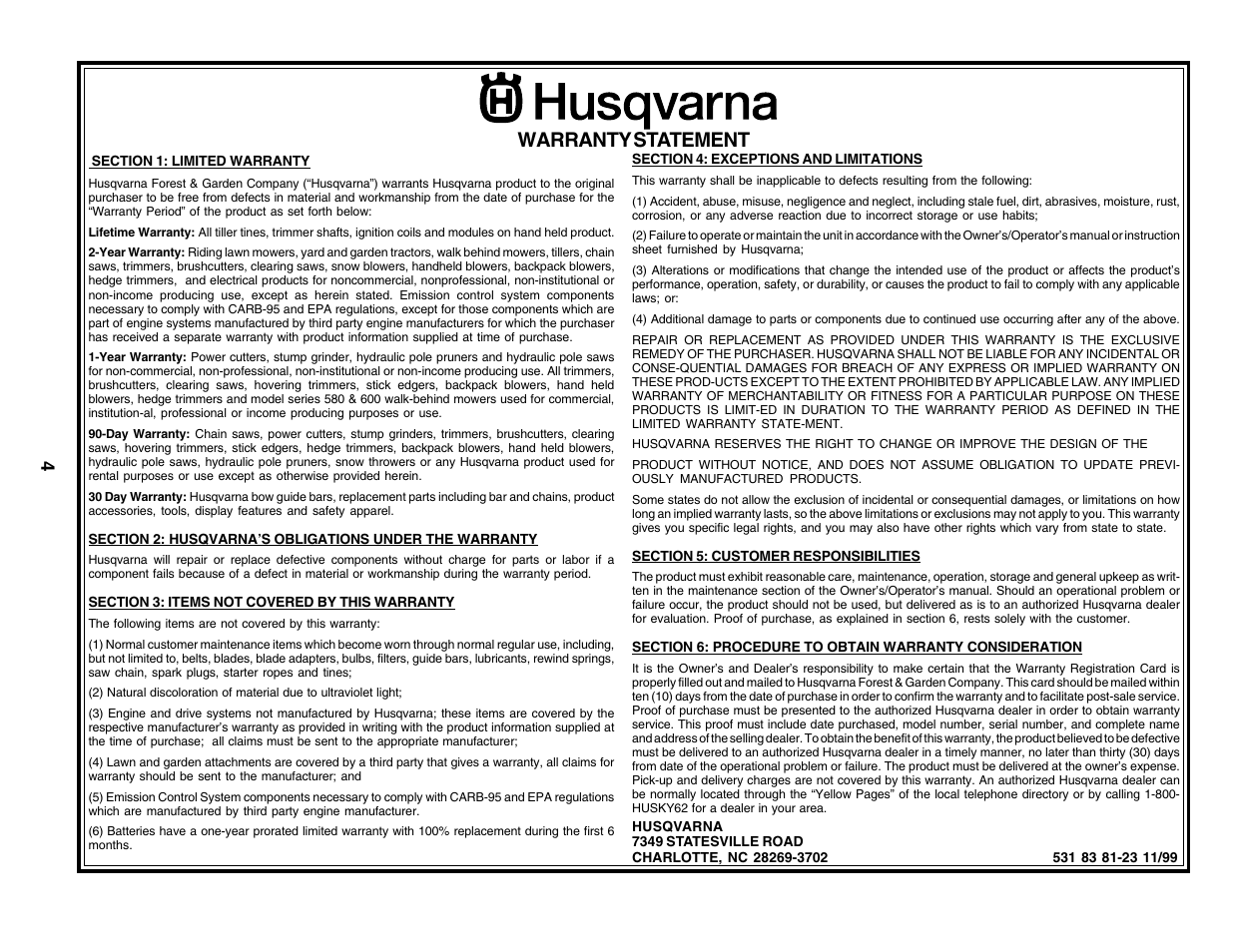 Warranty, Warranty statement | Husqvarna 6522CH User Manual | Page 4 / 20