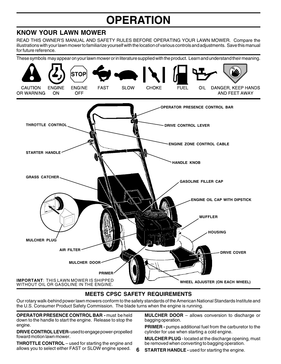 Operation, Know your lawn mower, Meets cpsc safety requirements | Husqvarna 6522CH User Manual | Page 6 / 20