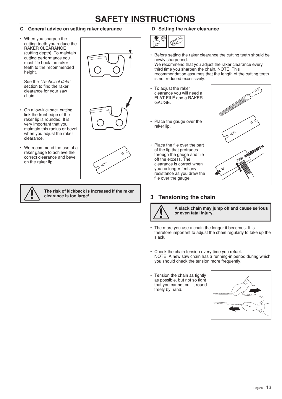 Safety instructions, 3 tensioning the chain | Husqvarna 357XP User Manual | Page 13 / 36