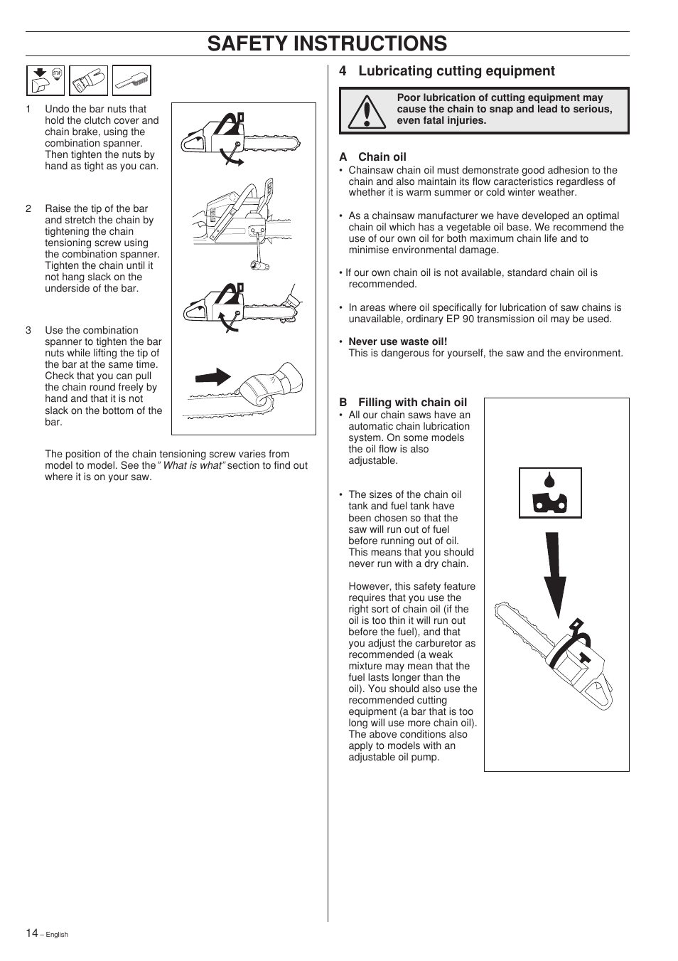 Safety instructions, 4 lubricating cutting equipment | Husqvarna 357XP User Manual | Page 14 / 36