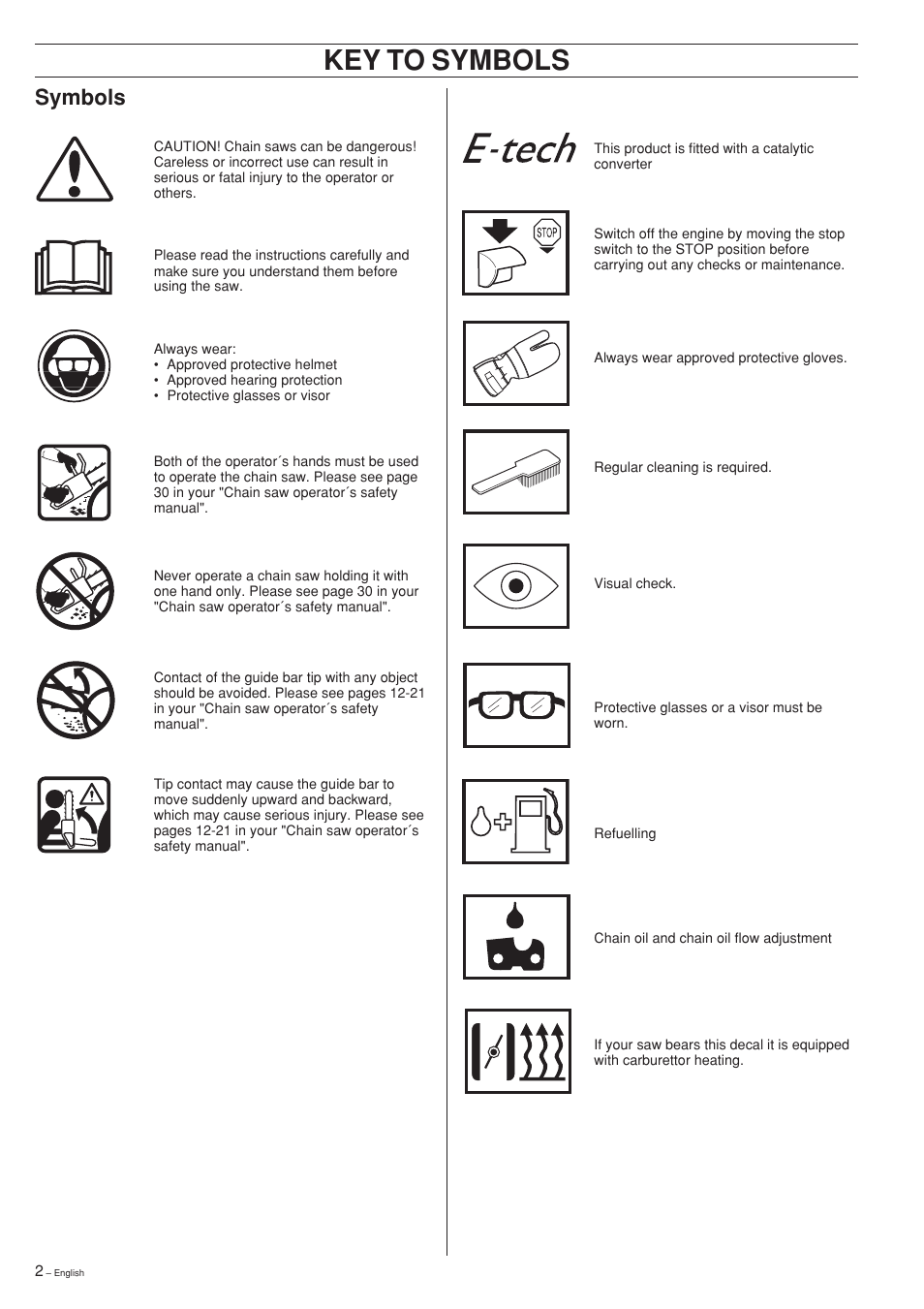 Key to symbols, Symbols | Husqvarna 357XP User Manual | Page 2 / 36