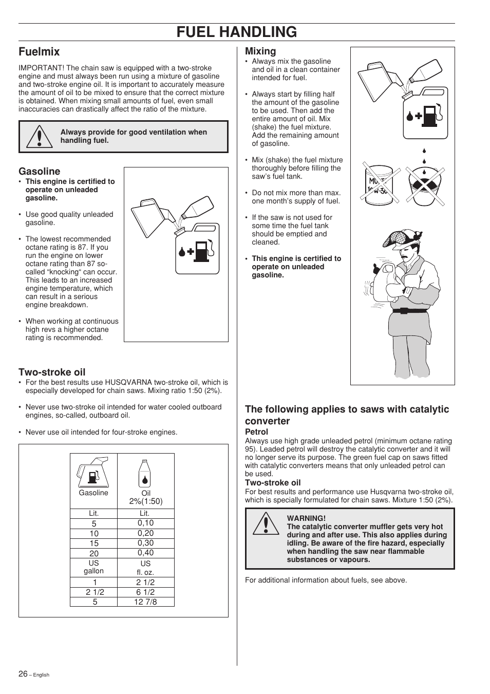 Fuel handling, Fuelmix | Husqvarna 357XP User Manual | Page 26 / 36