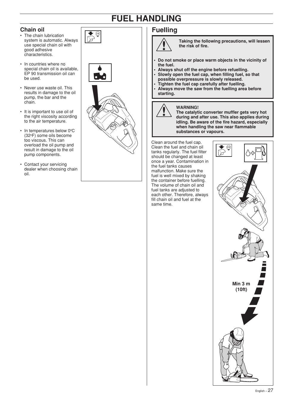Fuel handling, Fuelling | Husqvarna 357XP User Manual | Page 27 / 36