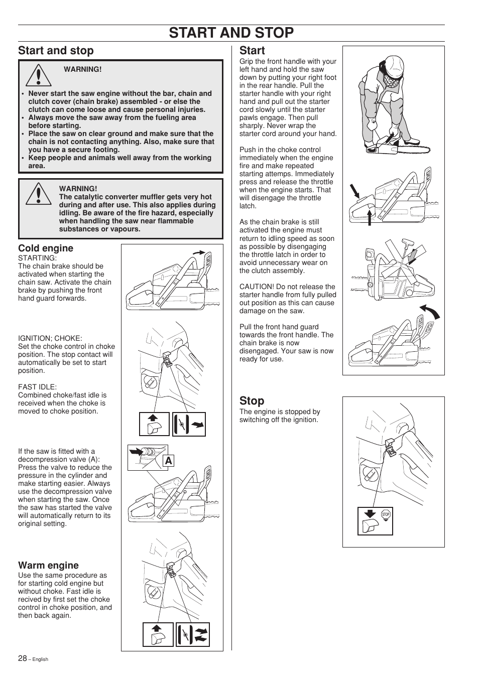 Start and stop | Husqvarna 357XP User Manual | Page 28 / 36
