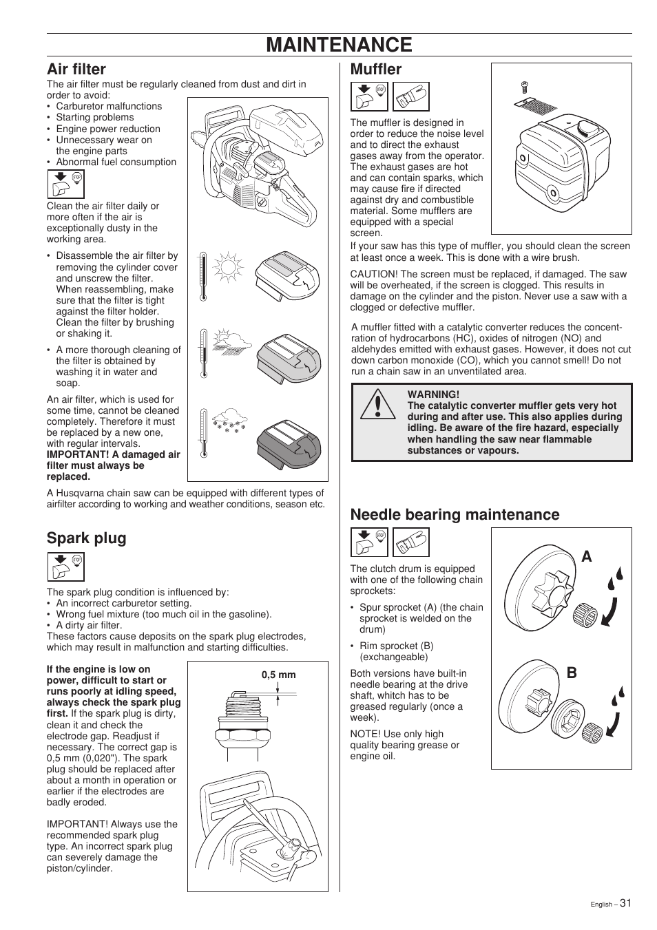Maintenance, Muffler, Spark plug | Air filter, Needle bearing maintenance | Husqvarna 357XP User Manual | Page 31 / 36