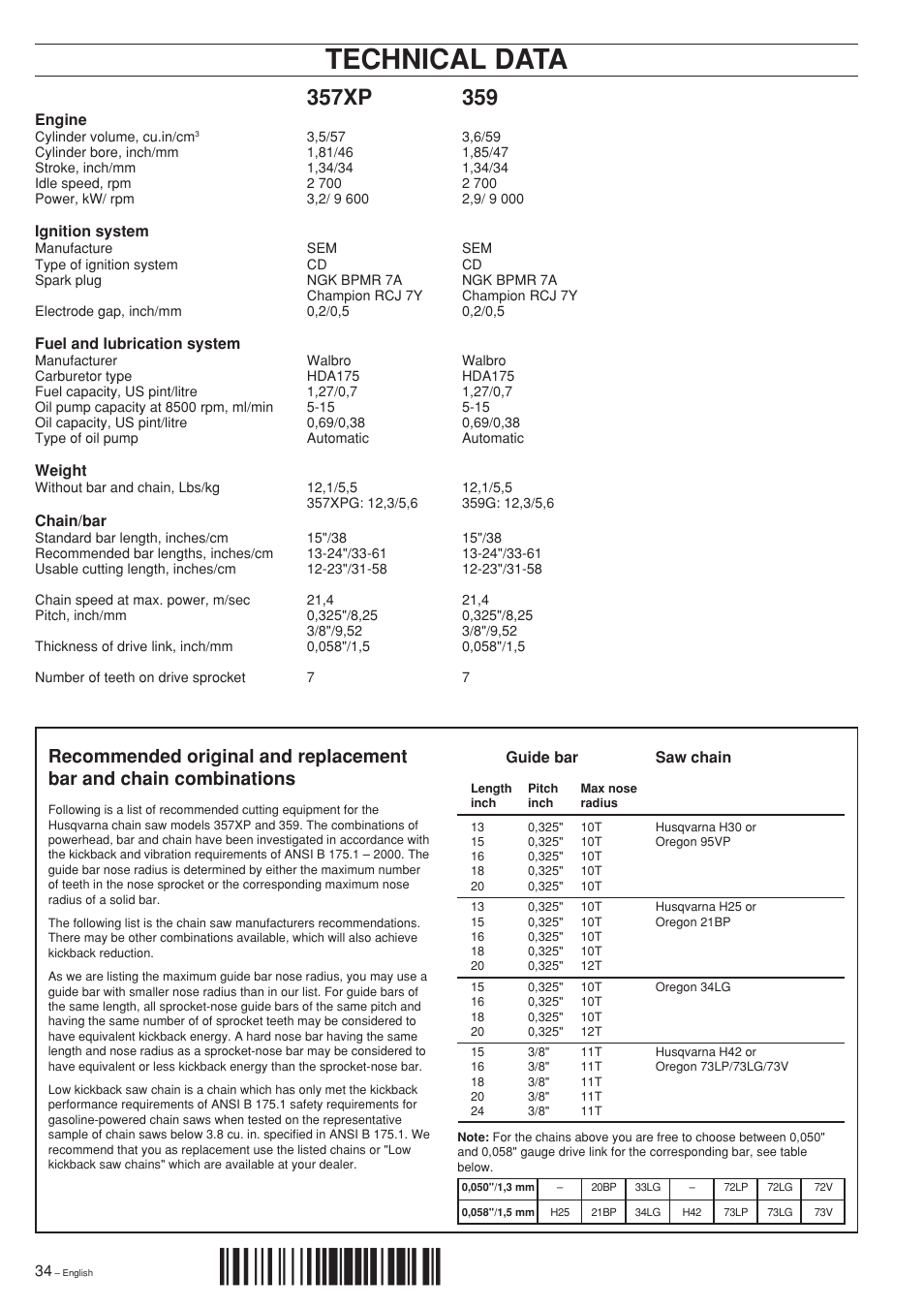 Technical data, H%y¶5, 357xp | Husqvarna 357XP User Manual | Page 34 / 36
