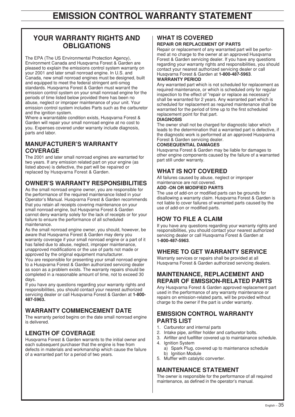 Emission control warranty statement, Your warranty rights and obligations | Husqvarna 357XP User Manual | Page 35 / 36