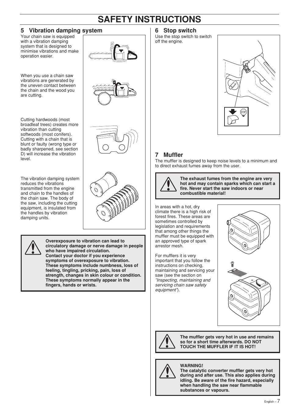 Safety instructions, 6 stop switch, 7 muffler | 5 vibration damping system | Husqvarna 357XP User Manual | Page 7 / 36