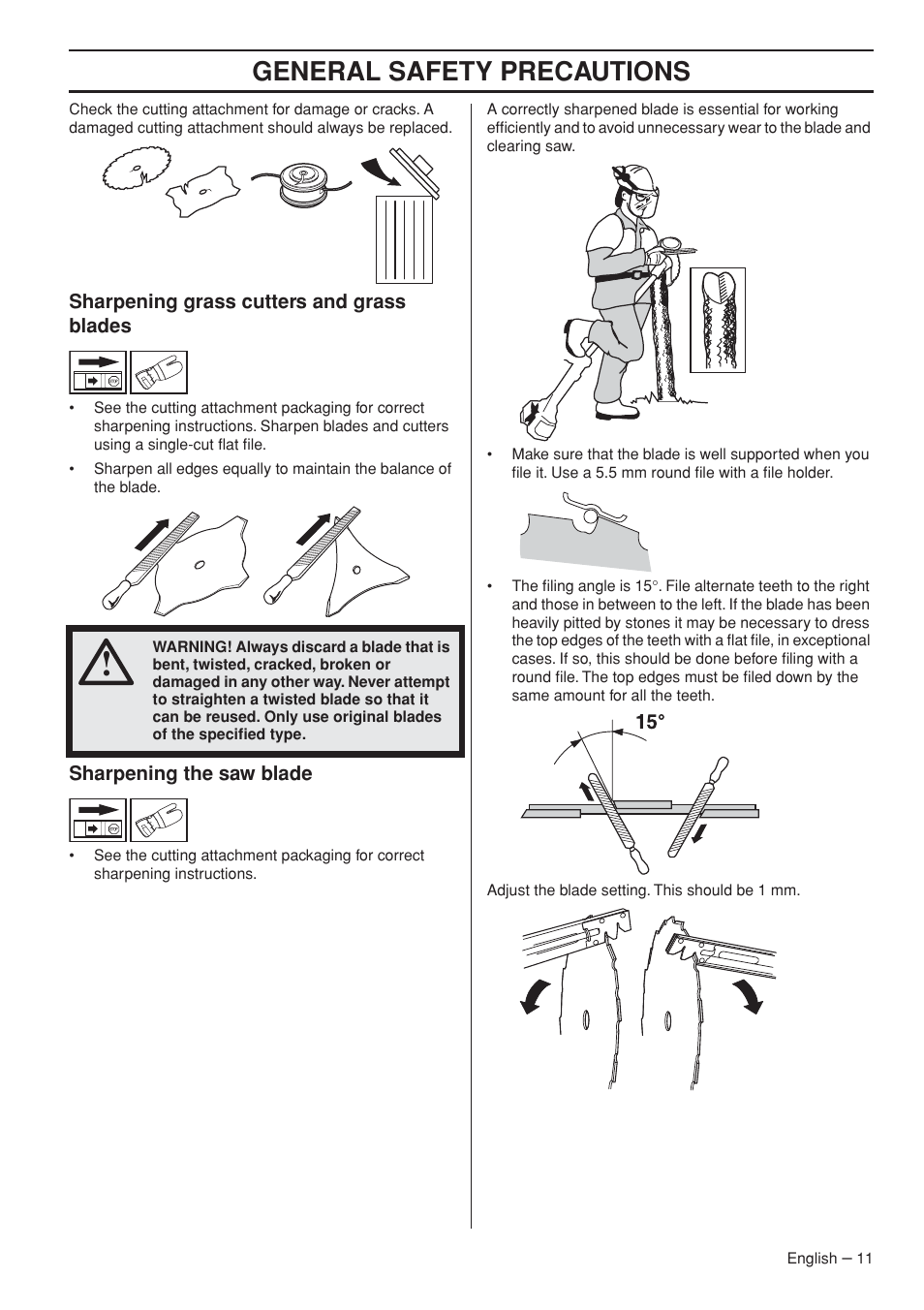 Sharpening grass cutters and grass blades, Sharpening the saw blade, General safety precautions | Husqvarna 235R User Manual | Page 11 / 52