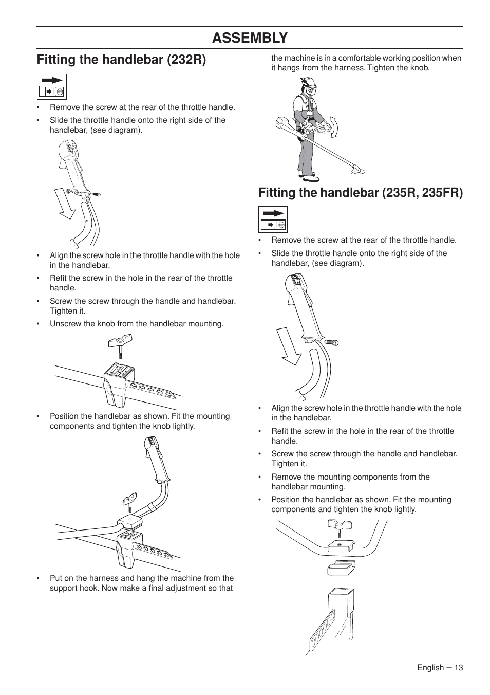 Fitting the handlebar (232r), Fitting the handlebar (235r, 235fr), Assembly | Husqvarna 235R User Manual | Page 13 / 52