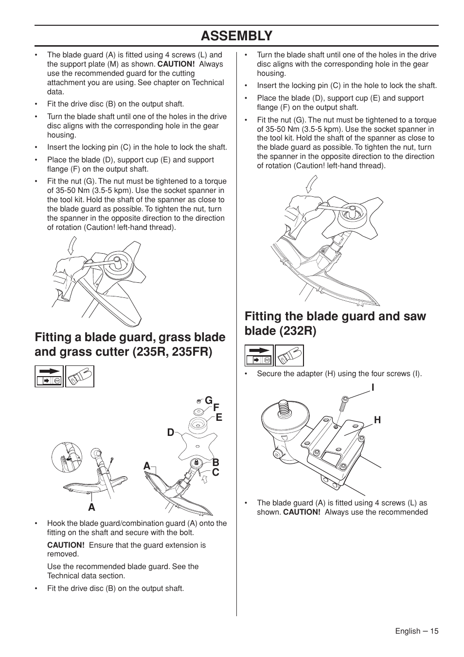 Fitting the blade guard and saw blade (232r), Assembly | Husqvarna 235R User Manual | Page 15 / 52