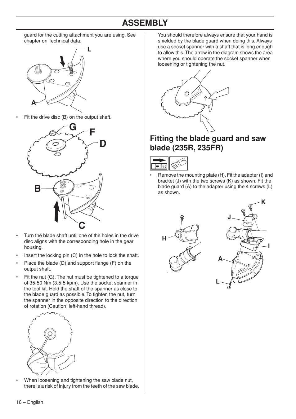 Gf d b c, Assembly | Husqvarna 235R User Manual | Page 16 / 52