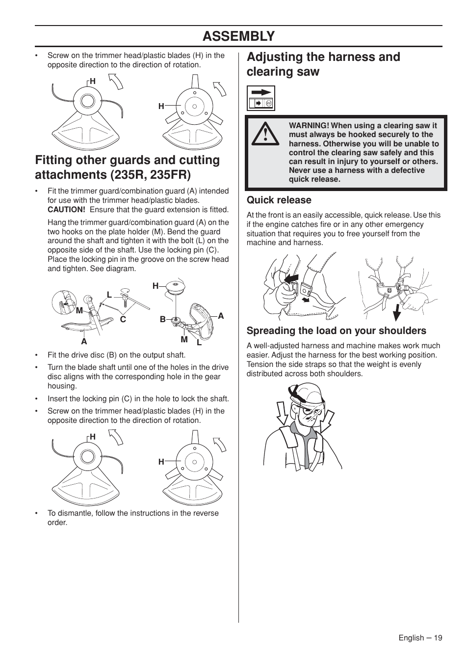 Adjusting the harness and clearing saw, Quick release, Spreading the load on your shoulders | Assembly | Husqvarna 235R User Manual | Page 19 / 52