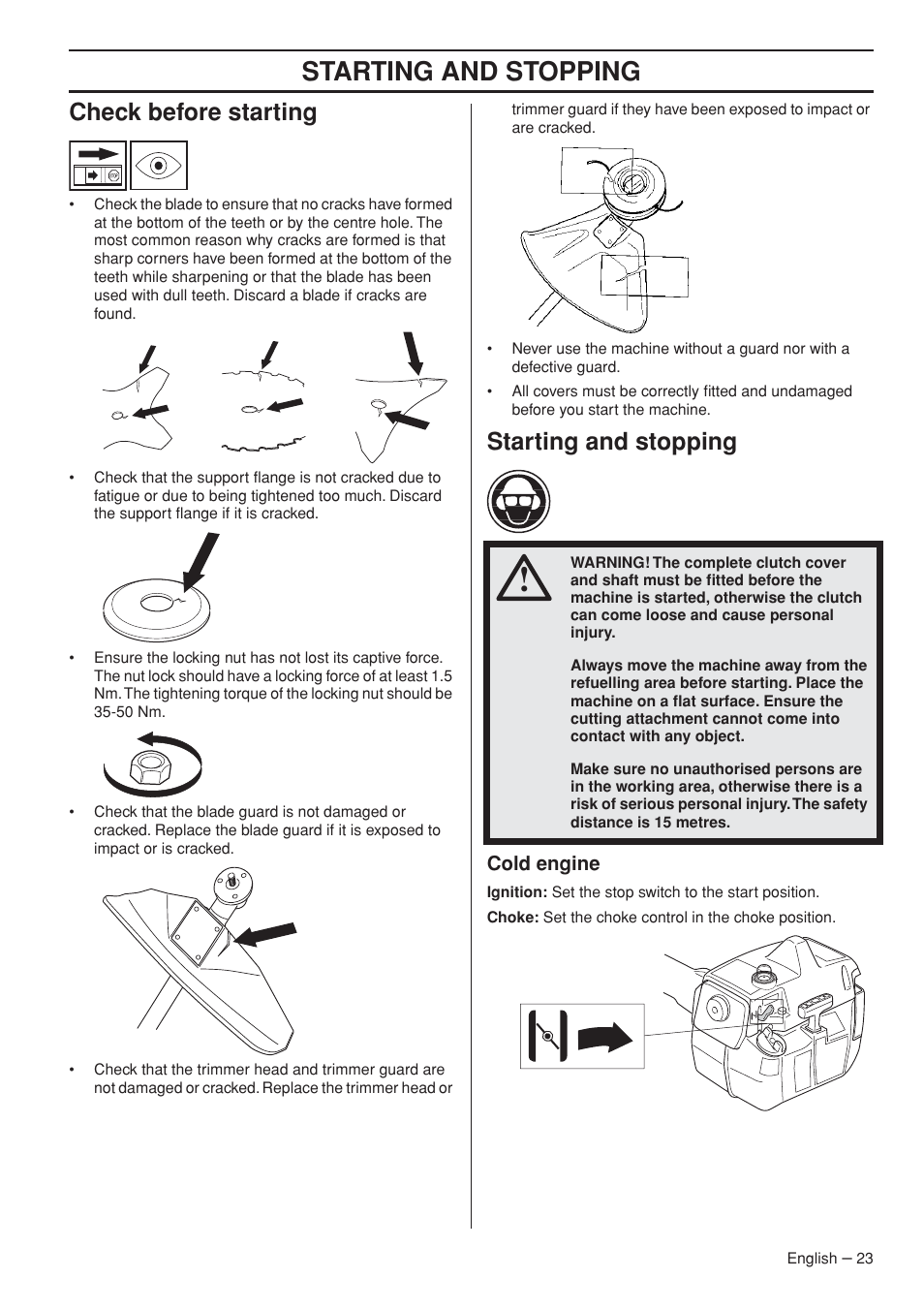 Check before starting, Starting and stopping, Cold engine | Husqvarna 235R User Manual | Page 23 / 52