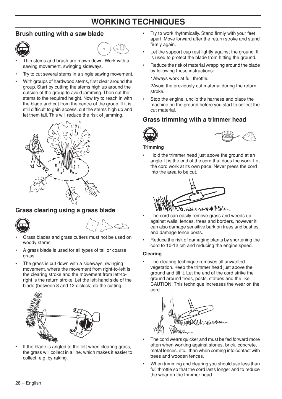 Brush cutting with a saw blade, Grass clearing using a grass blade, Grass trimming with a trimmer head | Working techniques | Husqvarna 235R User Manual | Page 28 / 52