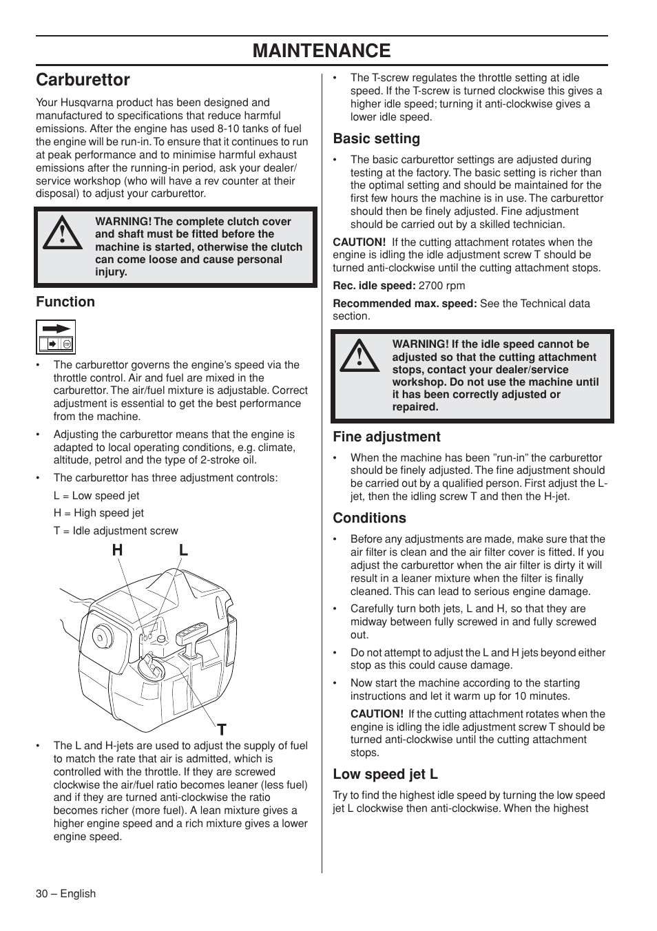 Carburettor, Function, Basic setting | Fine adjustment, Conditions, Low speed jet l, Maintenance | Husqvarna 235R User Manual | Page 30 / 52