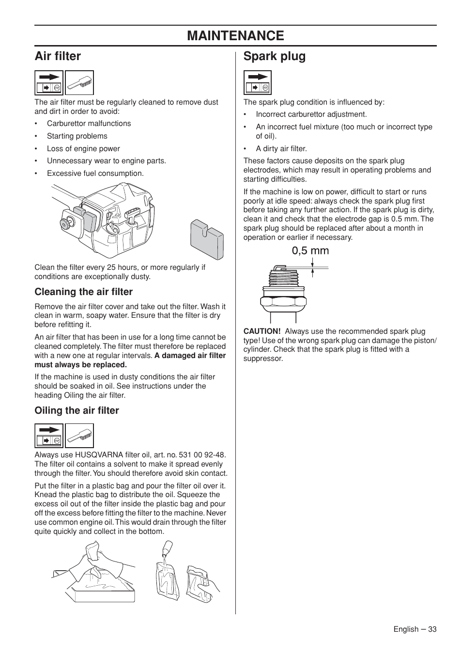 Air filter, Cleaning the air filter, Oiling the air filter | Spark plug, Maintenance | Husqvarna 235R User Manual | Page 33 / 52