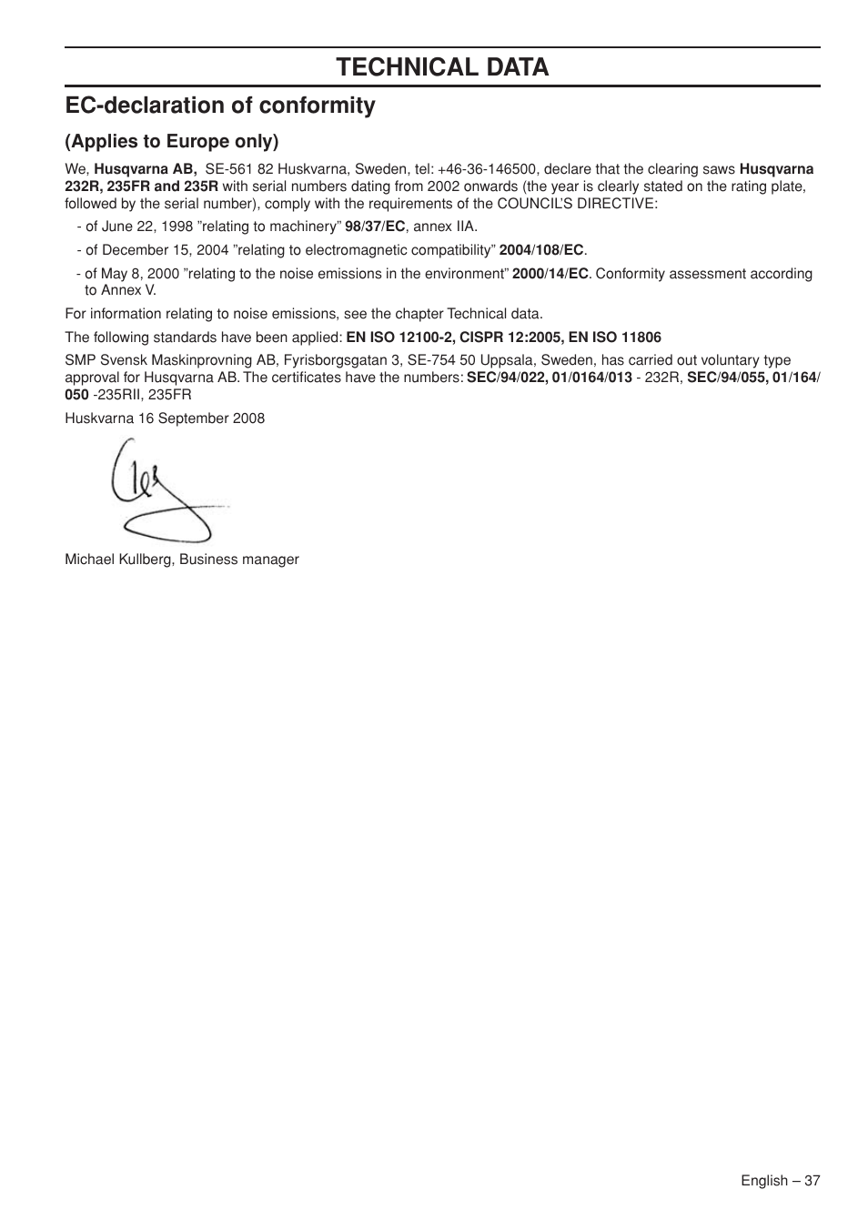 Ec-declaration of conformity, Applies to europe only), Technical data | Husqvarna 235R User Manual | Page 37 / 52