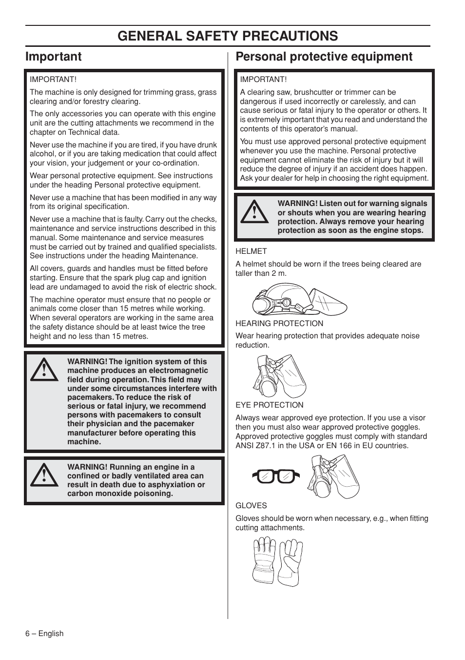 Important, Personal protective equipment, General safety preca utions | Impor tant personal protective equipment | Husqvarna 235R User Manual | Page 6 / 52