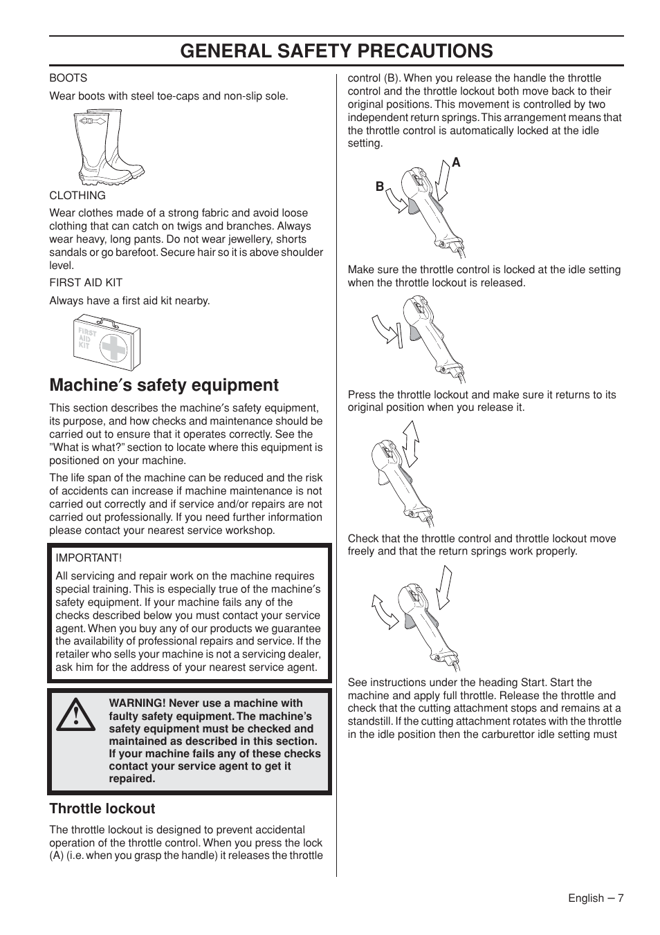 Machine¢s safety equipment, Throttle lockout, General safety preca utions | Mac hine ′ s safety equipment | Husqvarna 235R User Manual | Page 7 / 52