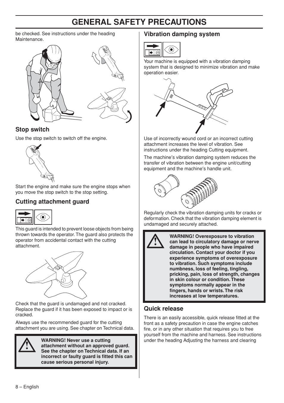 Stop switch, Cutting attachment guard, Vibration damping system | Quick release, General safety preca utions | Husqvarna 235R User Manual | Page 8 / 52